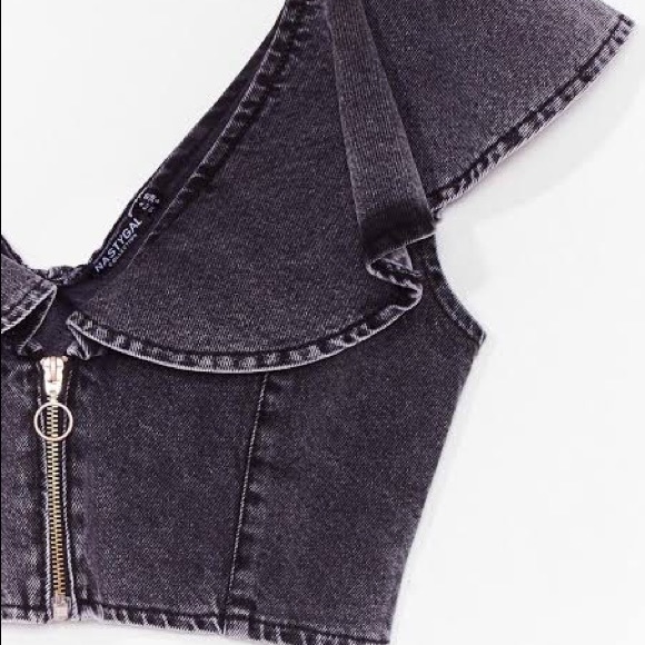 NASTY GAL | Collar Detail Denim Crop Top in Washed Black - Picture 10 of 10